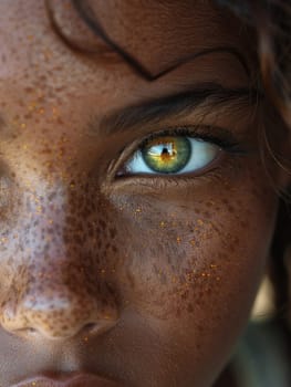 A close-up portrait of a woman showcasing prominent freckles on her face.