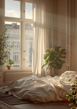 The bedroom features a wooden bed and a window with sunlight peeking through the draped textile curtains, creating a cozy and inviting interior design