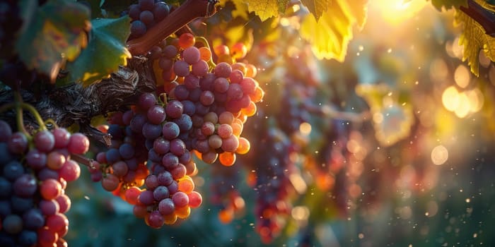 A cluster of ripe grapes hanging from a vine in close-up view, showcasing the fruit at its peak freshness.