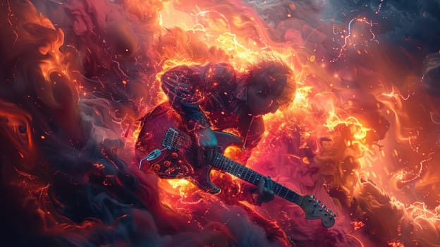 A guitar engulfed in flames and smoke, a striking image of destruction and chaos.