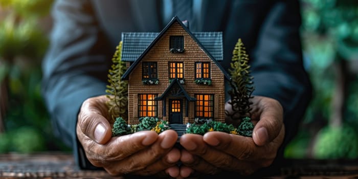A person holding a small house in their hands, possibly a realtor showcasing a property.