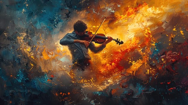 A painting depicting a man playing a violin with focus and passion.