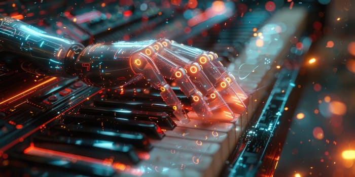 Professional image of a transparent robot hand typing on a futuristic keyboard emitting glowing lights.