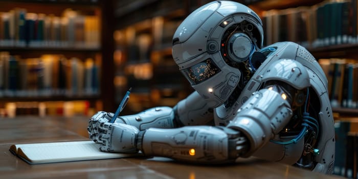 A robot arm writing on a white paper with a pen, surrounded by books, in a futuristic setting.
