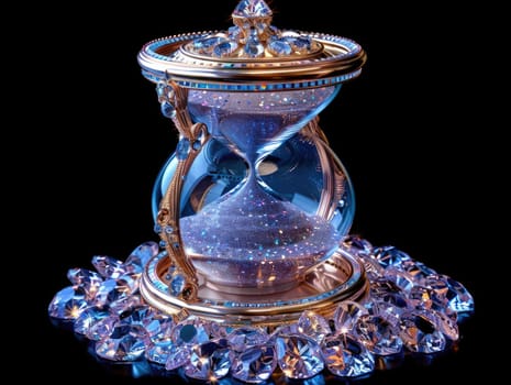 Blue and gold hourglass on a table, elegant and striking in its design.