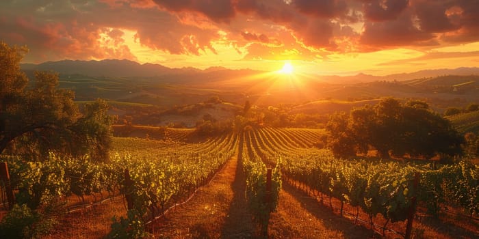 The sun is setting over a vineyard, casting a warm glow on the rows of grapevines and highlighting the beauty of the landscape.