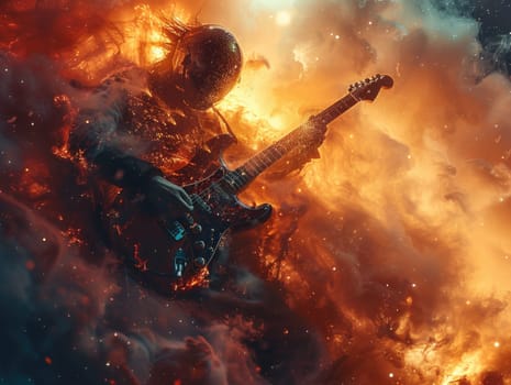 A person strums a guitar in front of a crackling fire, creating a cozy and musical ambiance.