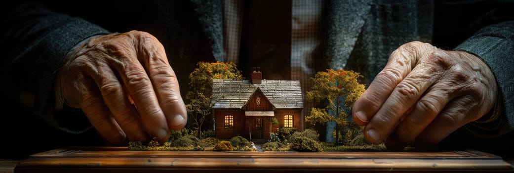 A person holding their hands over a miniature house, symbolizing real estate ownership or investment.