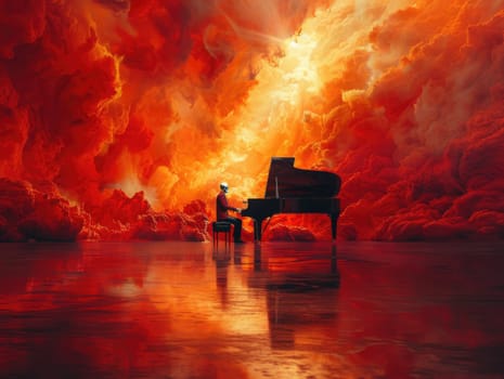 A man sitting at a piano under a vibrant red sky.