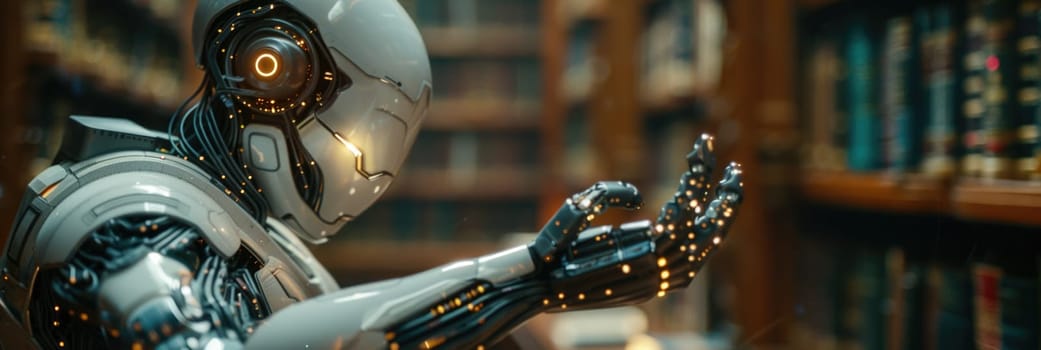 A modern robotic humanoid sitting in front of a book shelf, surrounded by books in a room.