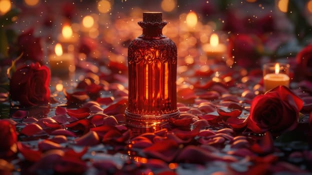 A candle surrounded by a bed of rose petals and lit candles, creating a warm and romantic ambiance.