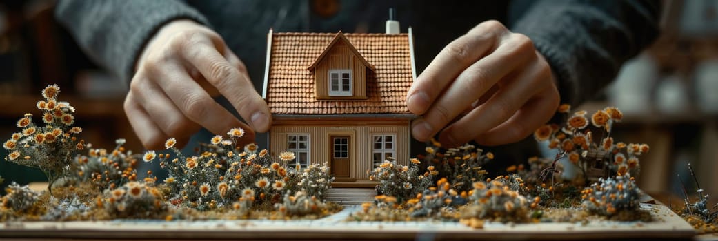 A person holds a small house in their hands, showcasing a property or real estate concept.