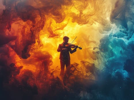 A man holding a violin in front of a vibrant and colorful background.