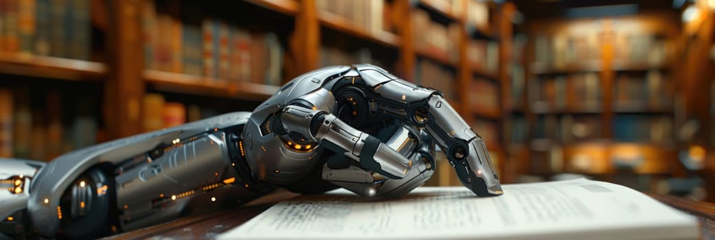 A robotic hand placed on top of a book in a library setting, showcasing the fusion of technology and learning.