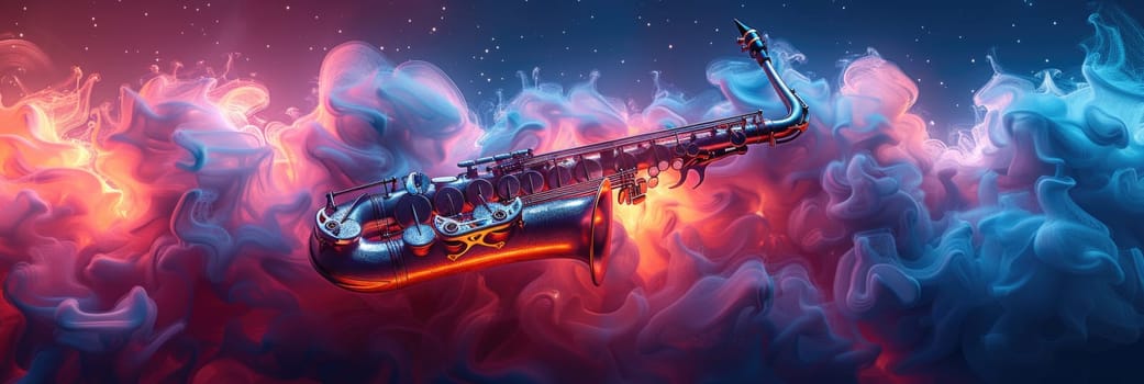 A painting depicting a saxophone floating in the air, showcasing a surreal and artistic interpretation of music.