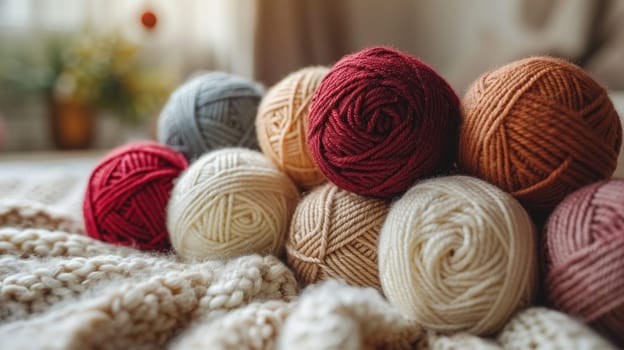 A variety of yarn balls in different colors and textures arranged on a bed.