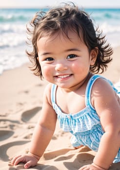 The image shows a young girl lying on the beach, smiling and looking up at the camera.