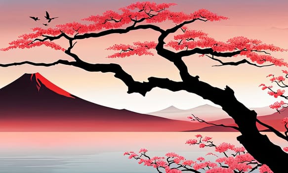 Mount Fuji range with red tree in foreground. For meditation apps, on covers of books about spiritual growth, in designs for yoga studios, spa salons, illustration for articles on inner peace, print