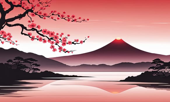 Cherry tree in full bloom with majestic Mount Fuji in background, capturing essence of traditional Japanese beauty, tranquility. For interior, commercial spaces to create stylish atmosphere, print