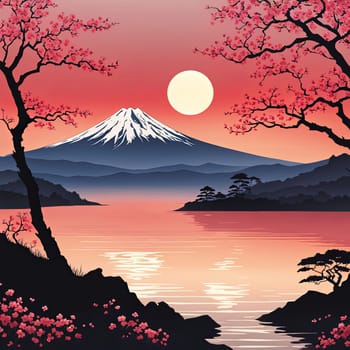 Japanese landscape with mountain, cherry blossom tree. For meditation apps, on covers of books about spiritual growth, in designs for yoga studios, spa salons, illustration for articles on inner peace