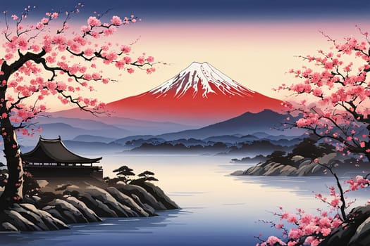 Majestic Mount Fuji in foreground, complemented by delicate backdrop of cherry blossoms in full bloom, tranquility of Japans iconic landscapes. For art, creative projects, fashion, style, magazines