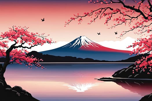 Mount Fuji majestically rising in background, framed by delicate cherry blossoms in full bloom, capturing essence of Japans natural beauty, cultural significance. For art, fashion, style, magazines