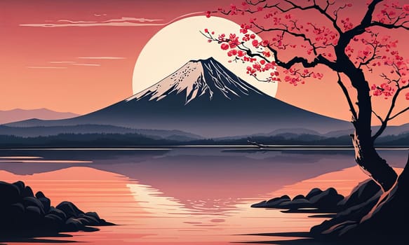 Majestic Mount Fuji, Japans iconic peak, bathed in warm hues of breathtaking sunset. Tranquil beauty of scene is accentuated by blending colors of sky. For art, creative projects, fashion, magazines