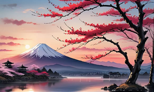 Japanese landscape adorned with delicate cherry blossoms, capturing essence of spring in Japan. For art, creative projects, fashion, style, blogs, social media, web design, print, magazine, banner