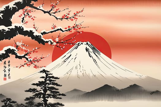 Majestic Mount Fuji, Japans iconic peak, bathed in warm hues of breathtaking sunset. Tranquil beauty of scene is accentuated by blending colors of sky. For art, creative projects, fashion, magazines