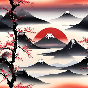 Majestic Mount Fuji, Japans iconic peak, bathed in warm hues of breathtaking sunset. Tranquil beauty of scene is accentuated by blending colors of sky. For art, creative projects, fashion, magazines