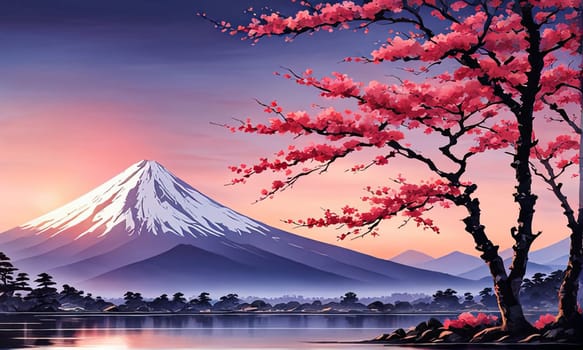 Mount Fuji range with red tree in foreground. For meditation apps, on covers of books about spiritual growth, in designs for yoga studios, spa salons, illustration for articles on inner peace, print