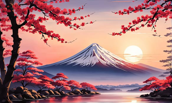 Japanese landscape adorned with vibrant cherry blossoms in full bloom, symbolizing beauty, transience of nature. For art, style, advertising campaigns, blogs, social media, web design, print, magazine