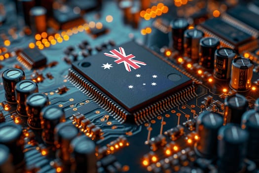 Detailed view of a circuit board with a flag placed on it, showcasing technology and patriotism.
