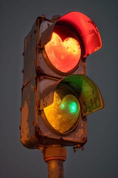 A traffic signal displays red lights in the shape of hearts against a blurred urban background with colorful bokeh effect.