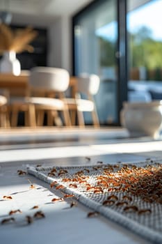 Ants have congregated on a counter, forming tracks as they move across, with a blurred kitchen interior in the background.