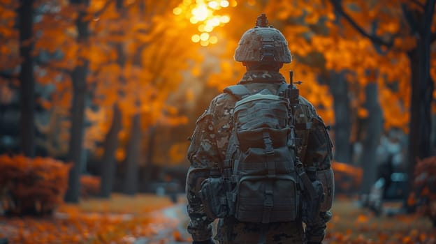 A man in camouflage walking through a forest with trees and leaves