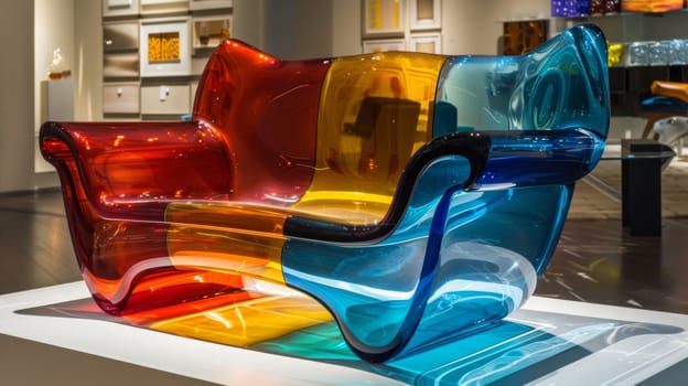 A colorful glass chair on display in a museum or gallery