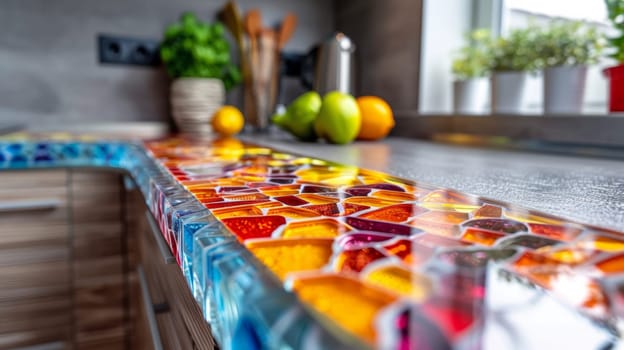 A colorful glass counter top with a variety of fruits on it