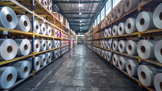 A warehouse with rows of rolls on shelves and a conveyor belt