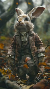 A fawncolored rabbit in a tailored suit is standing gracefully in the grassy woods. Its furry snout, whiskers, and pack animal demeanor give it an artistic and working animal vibe
