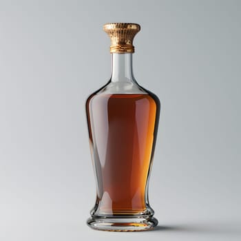A glass bottle of amber liquid, containing a premium alcoholic beverage like whiskey, sealed with a luxurious gold cork, displayed against a clean white background