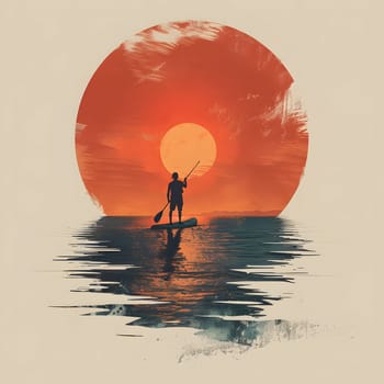 A man peacefully paddle boarding on the shimmering water, silhouetted against the red sky at sunset, creating a serene and picturesque scene
