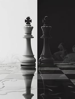 A grayscale photo featuring two chess pieces on a wooden chessboard, showcasing indoor games and sports. The classic board game is a tabletop recreation with intricate tints and shades
