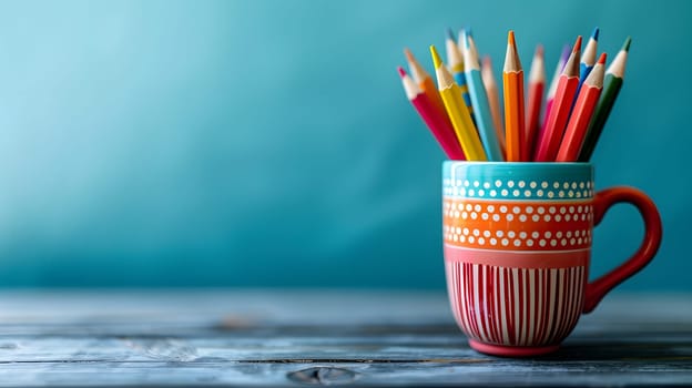 A cup filled with office supplies electric blue pencils, on a wooden table. The cup serves as serveware and keeps writing implements organized