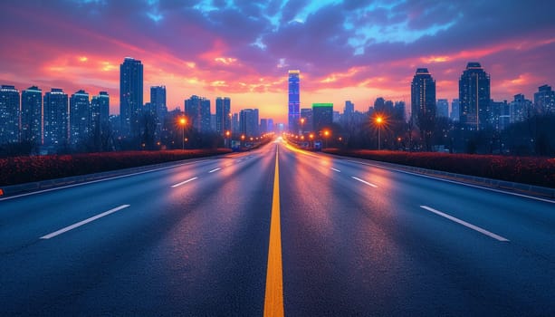 The perspective of the road against the background of sunset and the cityscape. High quality photo