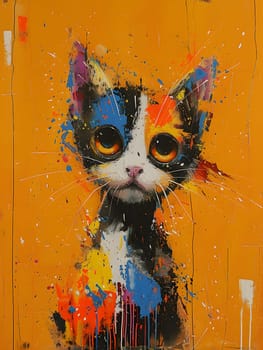 A vibrant painting of a Calico Cat, a member of the Felidae family, on a striking orange background. The art captures the cats whiskers and small to mediumsized feline features