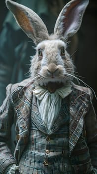 A terrestrial animal, resembling a fawn, with a long mustache is wearing a suit and tie. This odd but artistic display of wildlife features rabbits and hares in a unique ensemble