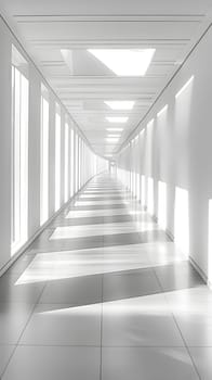 A blackandwhite art deco building with a long parallel hallway featuring a symmetrical arrangement of windows, flooding the space with natural light from the glass ceiling