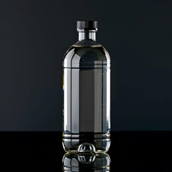 A glass bottle filled with liquid, containing vodka, is placed on a table against a black background. The cylindrical drinkware holds the clear fluid ready to be poured into a glass for consumption