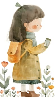 A little girl with a backpack is wearing a hat with a fur pompom on top. She is looking at her cell phone screen, her sleeve gesturing as she scrolls through an art pattern